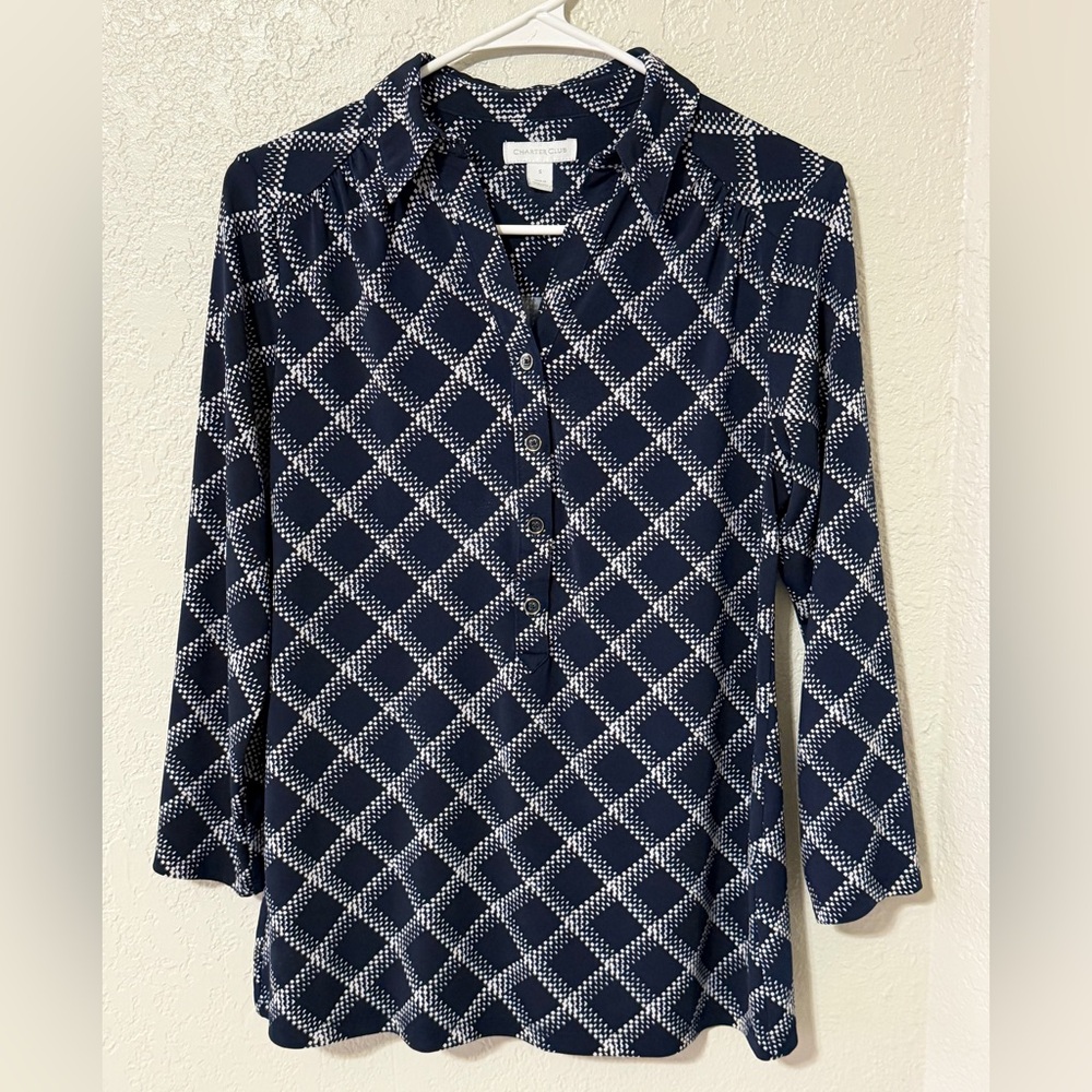 Charter Club Navy & White Diamond-Print Button Front Shirt